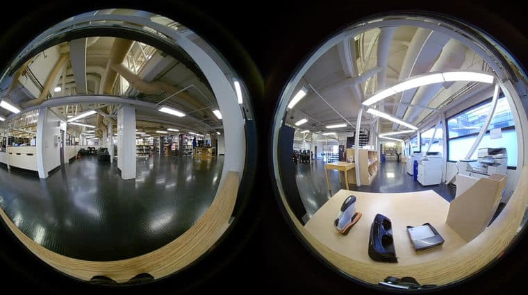 Two circular images of a view of the library. In one is black floor, ceiling pipes and book shelves, in the other a staircase and desks.